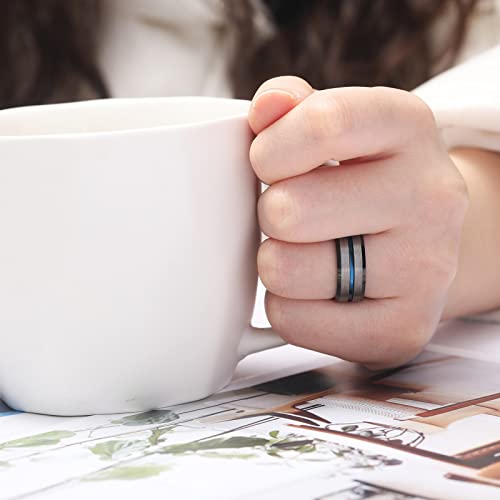 Phyonio 6/8Mm Tungsten Rings For Men Wedding Ring Silver Rings Blue Thin Line Beveled Edge Promise Ring Engagement Band Dome Style Size 10 #TOP1