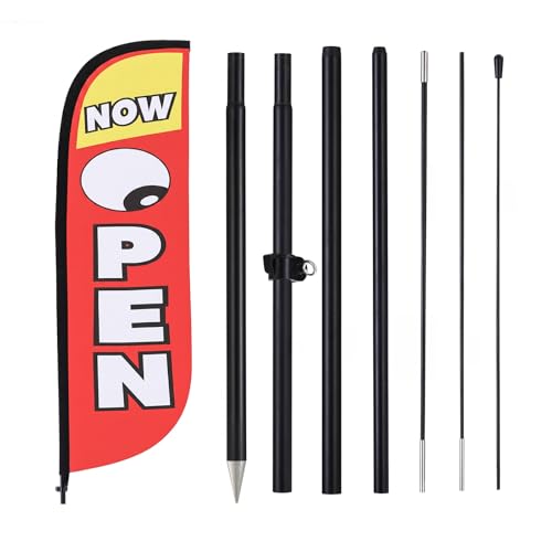 Open Feather Flag Kit for Business with Pole and Ground Stake 8ft Swooper Flag Banner Signs for Outside Grand Opening Storefront Sidewalk Events Promotion Advertising (NOW OPEN)