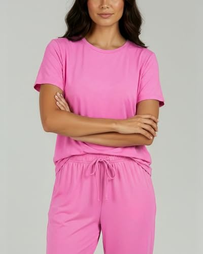 Image of Real Essentials 2 Pack: Womens Pajamas Short Sleeve Sleepwear Tops and Capri Pants Pjs Print Pajama Sets (Available In Plus)