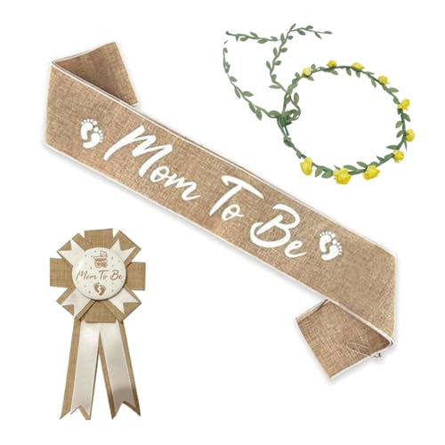 Image of 3PCS Mom to Be Sash Mom to Be Pin, Neutral Burlap Maternity Sash Corsage Pin and Flower Crown Headband, Boho Style Mommy to Be Sash for Baby Shower Sash Pin Set for Pregnant Keepsake Gifts