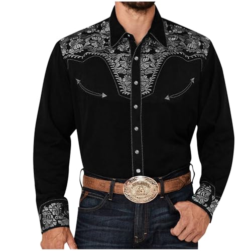 Beokeuioe Chemise de cowboy western pour homme - Manches longues - Broderie - Country Western - Boutonnée - Hippie - Costume de loisirs, 003 gris clair, S