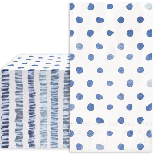 Whaline Polka Dots Guest Napkins White Blue 3 Ply Disposable Paper Napkins Dinner Hand Napkin Towel for Wedding Party Bathroom Kitchen Supplies Table Decor, 80Pcs