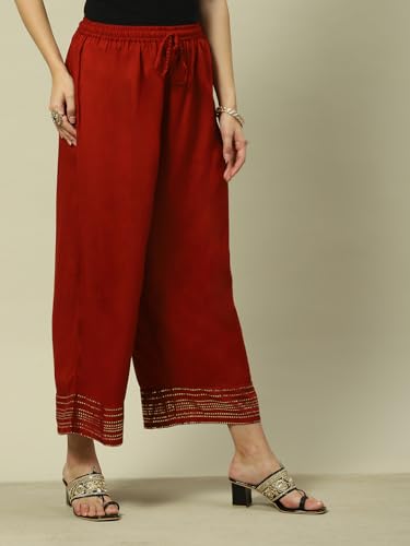 Image of Rangriti Rust Liva Straight Solid Palazzo for Women