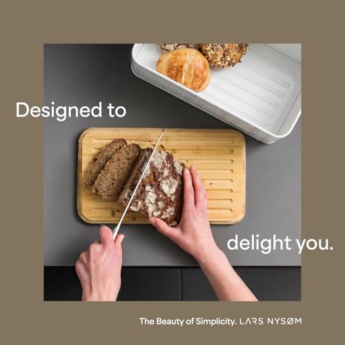 Image of LARS NYSOM Bread Box I Metal bread box for long lasting freshness with non-slip pads I Baked goods Bin with bamboo lid usable as cutting board I 13.6x7.3x6.2in (Cream Beige)