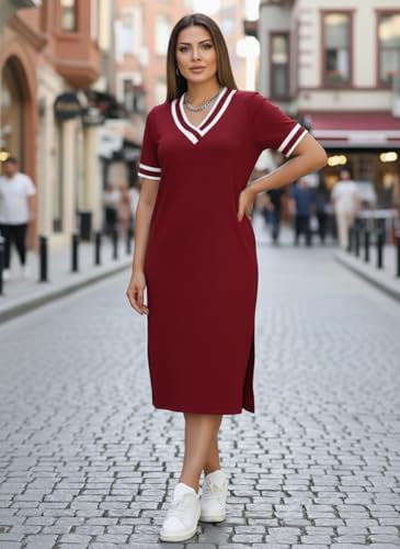 Image of Women's V-Neck Sporty T-Shirt Dress | Stylish Striped Sleeve One Piece for Women | Casual Summer Knee Length Short Dress | Trendy Beach & Resort Wear Western Dress (26 D-1-3)