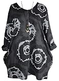  Italy Donna Damen Lagenlook Ballon Winter Tunika Long Pullover Shirt Kleid mit Kette 42 44 46 48 50 52 L XL XXL 3XL 4XL Print Grau (50)