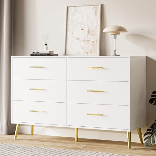 MAISONARIA White Dresser for Bedroom 6 Drawer Dresser with Gold Metal Handles & Metal Legs Wood Chests of Drawers for Bedroom