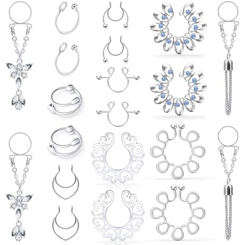 Kadogohno Fake Faux Non Piercing No Pierce Clip On Cute Metal Body Piercing Rings Barbells Jewelry Set for Women Hypoallergenic Stainless Steel Cover