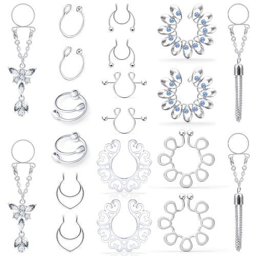 Kadogohno Fake Faux Non Piercing No Pierce Clip On Cute Metal Body Piercing Rings Barbells Jewelry Set for Women Hypoallergenic Stainless Steel
