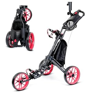 DRUIDS 3 Wheel Golf Push Cart : Lightweight Compact Golf Walking Cart with Cooler, Flat Fold Golf Trolley with Brake, Pull Behind Manual Golf Caddy with Cup Umbrella Holder