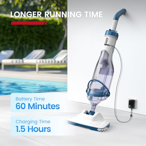 Enhulk Poolsauger Akku, 2025 Verbesserter 34cm breiter Kopf, Betriebsdauer bis zu 60 Minuten, Poolreiniger mit 3 Filter & Teleskopstange, Absaugung bis zu 4200L/H, Ideal für Aufstellpool usw
