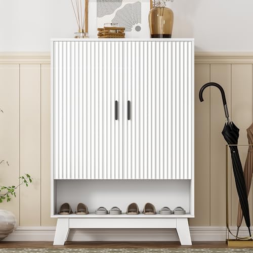 Image of Shoe Cabinet Storage for Entryway, 5 Tier Fluted Shoe Storage Cabinet with Wooden Legs, Narrow Hidden Shoe Organizer with Adjustable Shelves, Freestanding Shoe Rack for Entryway, Hallway, White
