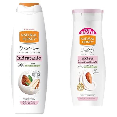 Natural Honey, Gel de Ducha con Extracto de Almendras 650 ml x2 + Loción Hidratante de Almendras lotion 400 ml x1