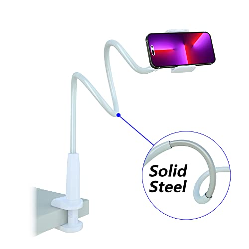 Cell Phone Clip On Stand Holder - With Grip Flexible Long Arm Gooseneck Bracket Mount Clamp For Iphone X/8/7/6/6S Plus Samsung S8/S7, Used For Bed, Desktop (White) #TOP1