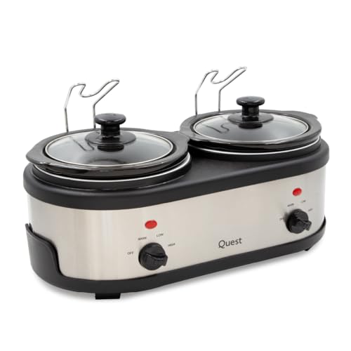 Quest 2 Pot Double Slow Cooker / 2 x 1.5 Litre Ceramic Pots / 3 Heat Settings Including Food Warmer Function/Dishwasher Safe Bowls / 200W Power (16529)