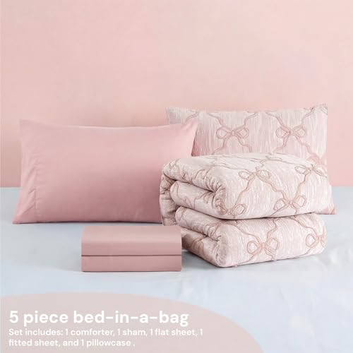 Image of BLOOMHAVEN Twin XL Comforter Set for Girls, 5 Pieces Pink Bow Bedding Set, All Seasons Kids Twin Comforter Set with Sheets, Pillowcase & Sham
