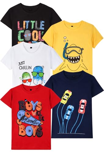 Image of T2F Boys Cotton Regular fit T-Shirts Pack of 5 |Soft Cotton Breathable Fabric | Half Sleeve Round Neck | Casual Wear Combo | Kids Clothing