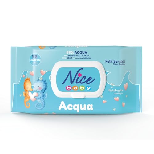 Immagine prodotto: Nice Baby Acqua Salviette per Cambio Pannolino, con il 98% di Acqua ed Estratto di Aloe, Dermatologicamente Testate, Confezione da 72 Salviette