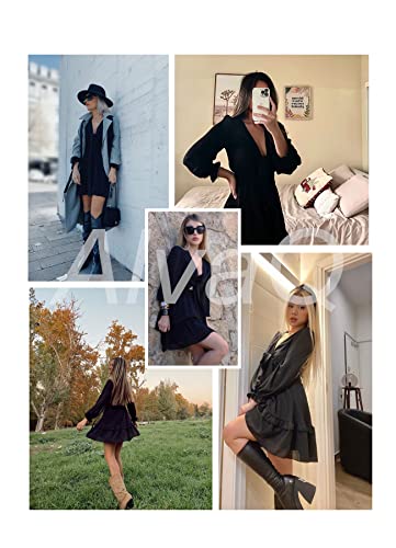 Alvaq Womens Spring Summer Knot Front V Neck Ruffles Long Sleeve Swing Mini Dress Floral Print Sundresses Black Large #TOP3