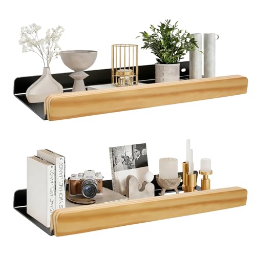 FALSKT 2 Pièces Etagere Murale Noir 40cm Étagère Murale Bois 2 Façons de Montage Etagères Flottante Murales en Metal Tablette Murale Rouille pour Salon...