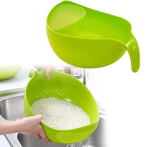 Image of RICH MORE Plastic Rice Washing Bowl with Strainer, Green, 11x6x5 inch, Kitchen Colander with Handle