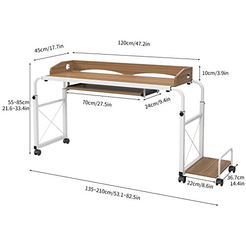 Image of sogesfurniture Overbed Table with Wheels,Height and Length Adjustable Mobile Table 47 inches Works as Laptop Cart Computer Table Bed Table,Oak BHUS-203-2-120OK