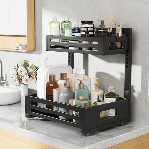 Image of 2 Pack Under Sink Organizer,Pull Out Cabinet Organizer with Smooth Cylindrical Rail,Metal Slide Out Drawer for Kitchen Bathroom Laundry Cabinet,8-Level Tool Free Height Adjustable-Black