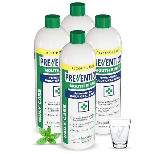 Prevention Daily Care Alcohol-Free Mouthwash, Hydrogen Peroxide Teeth Whitening with Soothing Fresh Mint for Bad Breath Treatment, Fluoride-Free Gum Care Oral Mouth Rinse 16 oz 4 Pack