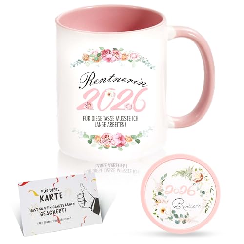 ZIENZENGYA Renteneintritt Geschenk Frau, Ruhestand Geschenk Frauen, Rentner Geschenke Frau - Geschenkideen Zum Renteneintritt 2026 - Keramik, Silikon Untersetzer für Getränke (Rosa-2026)