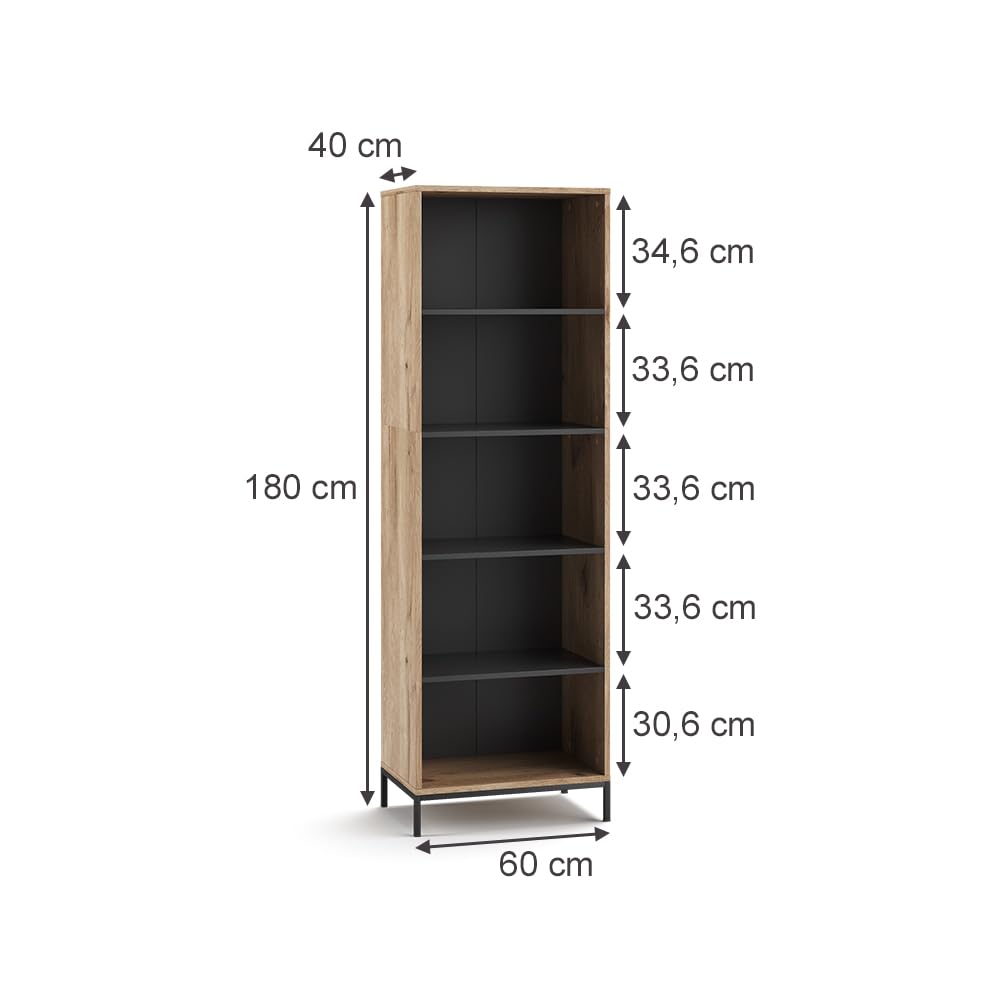 Vicco Regał na książki "Eliza", Viking Oak, 60 x 180 cm | z 5 przegródkami, convient pour le rangement de livres et d’objets de décoration