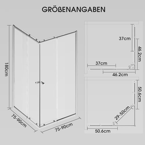 LARWORKS Duschkabine Eckeinstie für 80x80 & 90x90 Duschkabine,Duschabtrennung variabel 75-90 cm, 4 mm ESG Glas Sicherheitsglas mit Nano-Glasschutzbeschichtung, 180 cm Höhe