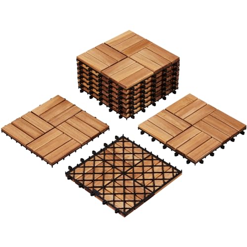 Yaheetech Carreaux de jardin en bois d'acacia 30 x 30 cm Revêtement de sol imperméable résistant aux intempéries pour extérieur, balcon, jardin, terrasse, 10 pièces
