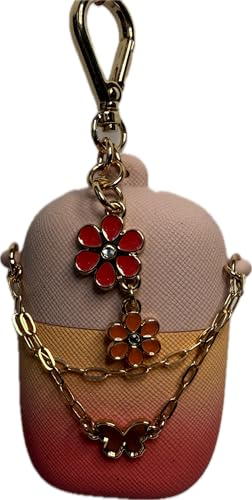 Bath and Body Works Peach and Pink Ombr Spring Pocketbac Hand Sanitzer Holder WIth Pretty Flower and Butterfly Charms On A Chain