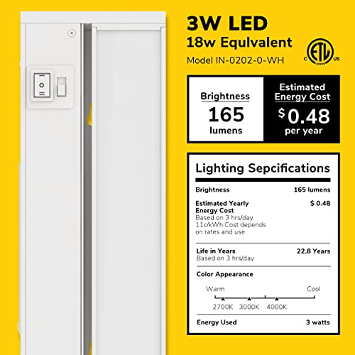 Image of GETINLIGHT 9-Inch Swivel LED Under Cabinet Light, 3-CCT Selectable, White | Choose from 2700K, 4000K, or 5000K. Glass lens, wall-dimmer compatible. Model: IN-0202-0-WH
