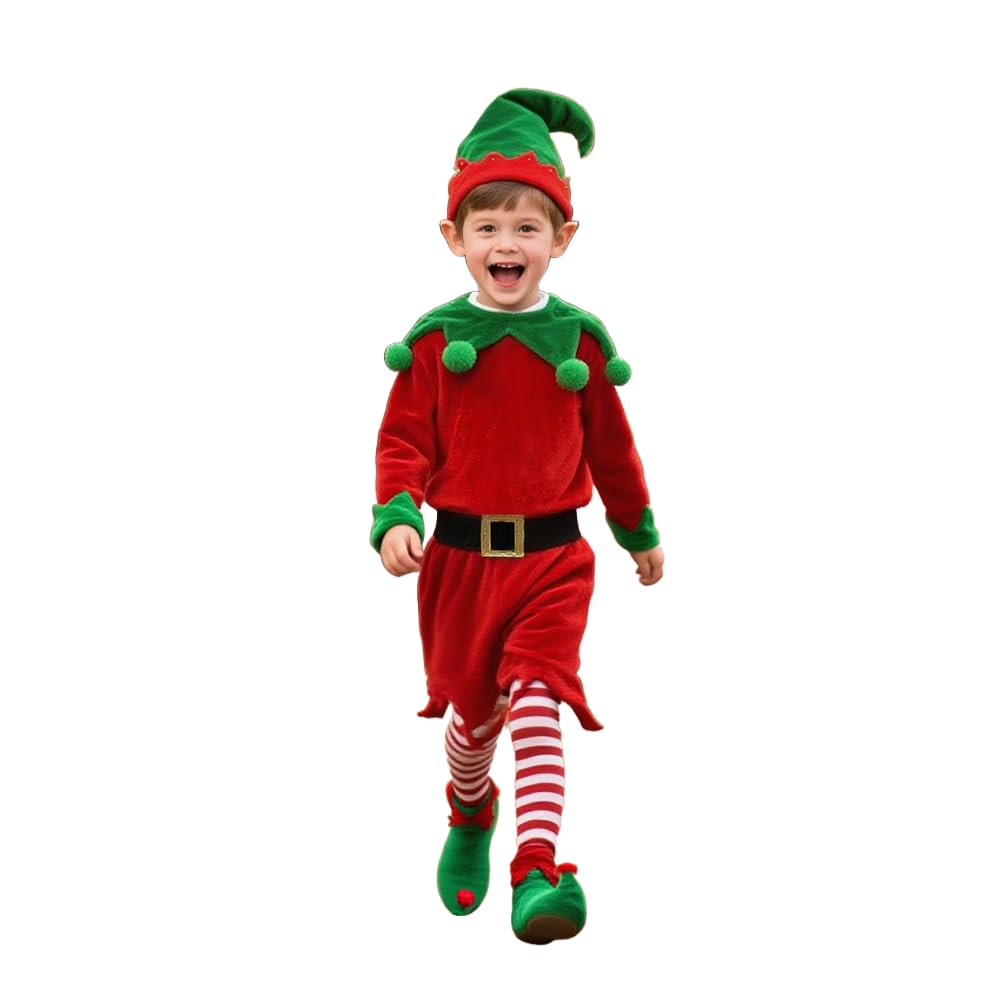 Kids Elf Costume, Boys & Girls Christmas Santa's Helper Fancy Dress Velvet Party Outfit, Cheeky Elves Dress Up Including Green Top, Red Trousers, Elf Hat, Belt, Boots & Long Striped Socks