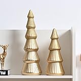 AOMOONOA Wooden Christmas Tree Figurine, 2Pcs Gold Tree Figurines, Decorative Trees for Tabletop, Small Glittered Golden Xmas Tree Figurines for Christmas Mantle Indoor Decor
