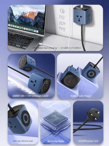 Image of 2500W Cube Extension Board Power Strip with USB C Ports | 3 Power Sockets with 65W Gan Type C USB QC PD Super Fast Charging | Multi Port Extension | 2M Power Cord (SC3319)