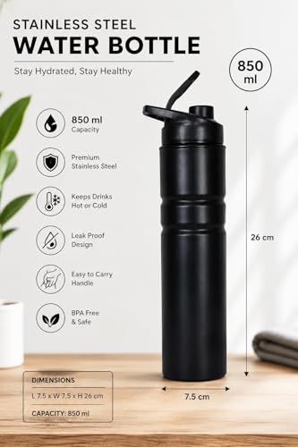 Image of UNV Metallica 850 Stainless Steel Flip Bottle 850ml Black | Colour Coated Body | Leakproof Flip Cap | Food Grade Inner | Water Bottle for Office, Gym & Travel