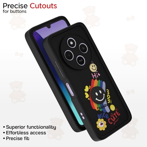 Image of Pikkme Back Cover for Redmi A4 5G / Redmi 14C 5G / Poco C75 5G | Soft Silicone| Cute Rainbow Smile & 3D Cartoon Flower Design | Shockproof Raised Camera Protection Bumper Case (Black)