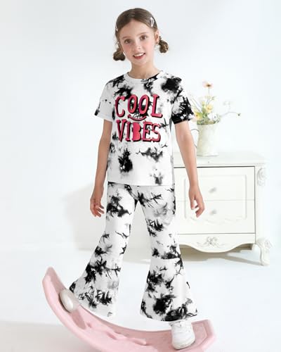 Image of CARETOO Girls Summer Outfit Poster Girl Matching Sister 2pcs Sets Printed t-Shirt + Flare Leg Pants For 3-10 Years