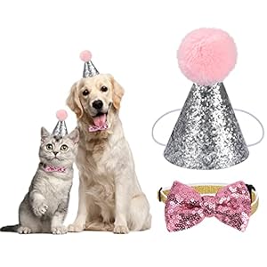 Haustier Geburtstag Hut Hund Katze Partyhüte mit Fliege Pailletten Verstellbarem Headwear Kostüm für Katzen Hunde 2 Stück