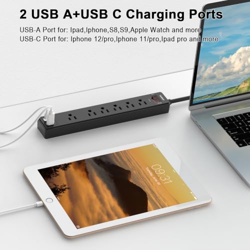 Image of 10Ft Extension Cord Power Strip Surge Protector - Teiobar 6 AC Outlets and 3 USB Ports for Home, Office, Dorm Essentials, 1680 Joules, ETL Listed, Black
