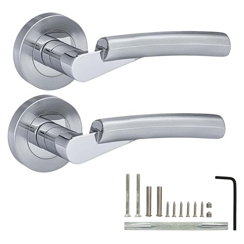 XFORT Luna Lever on Rose Door Handles, Internal Door Handle Sets, Lever Latch Door Handle, Interior Door Handles for Home & Office, – Polished Chrome/Satin Chrome Nickel Dual Finish