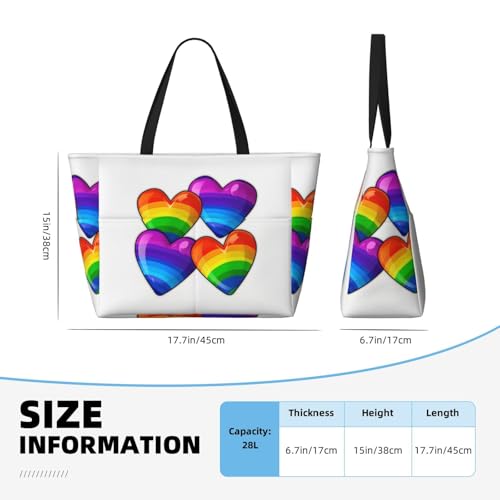 Rainbow Colored Gay Pride Hearts Beach Bags For Women Large Waterproof Sandproof Beach Tote Bag Pool Bag Lightweight Zipper Carry On Bags For Gym Travel Vocation4