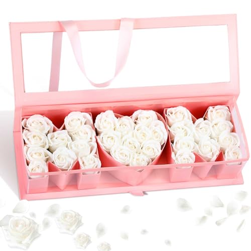 Thiccywoov 1 Pcs Mother Birthday Gift Flower Box with 30 Scented Flowers Mom Letter Shaped Fillable Boxes Floral Gift Packaging for Arrangement Mothers Day Birthday (Pink Box White Flower)