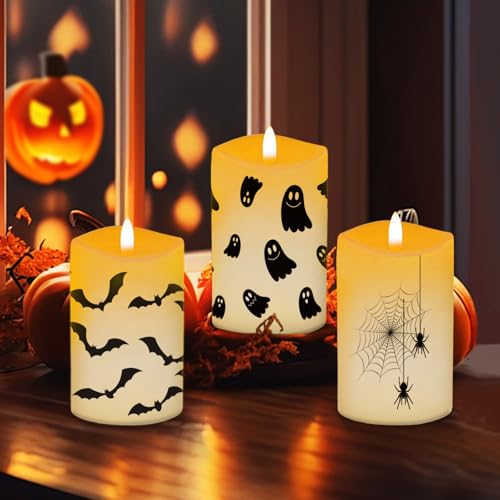 Bseical 3 Pcs Velas Led Halloween, Vela Led Efecto Llama Velas Decorativas, Con ArañAs, Fantasmas, MurciéLagos, Para DecoracióN De Halloween, Fiestas 7,5 X 15 cm