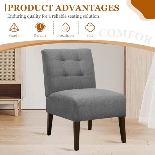 Mid-Century Modern Accent Chair, Armless Lounge Chair, Comfy Vanity Chair with Solid Wood Legs, Upholstered Side Slipper Chair, Reading Chairs for Living Room Bedroom Dining Room Kitchen (Gray1)