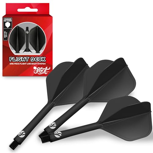 Shot! Darts Flight Deck One Piece Dart Flight and Shaft System, Reduced Deflections, Standard Shaped Flight (350 Micron), Made in New Zealand, Available in Set of 3, Short Length & Black Color
