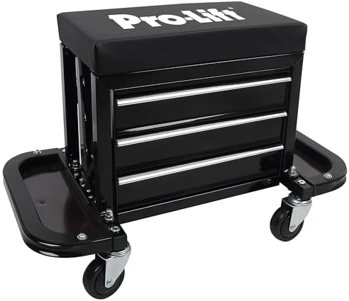 Pro-Lift Mechanic Roller Seat with Tool Box - 3-Drawer Rolling Tool Chest Stool with Padded Seat Cushion for Garage Creeper – 400 Lbs Capacity