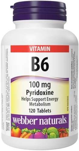Webber Naturals Vitamin B6 Pyridoxine 100 mg, 120 Tablets, Supports Energy Metabolism, Vegan